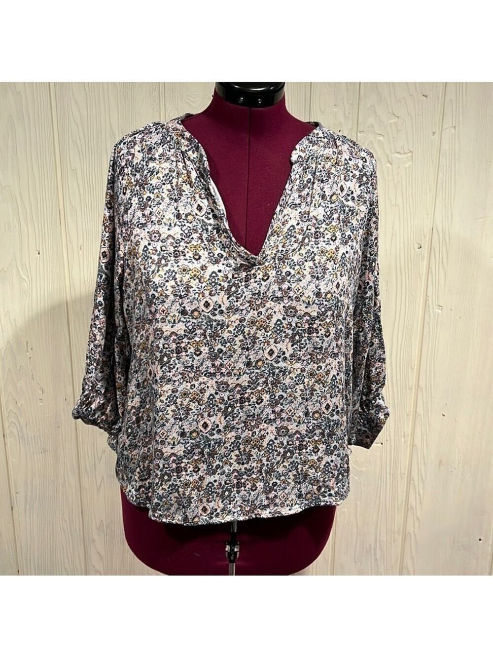 Roan & Ryan Vintage Floral Print Blouse Large Elbow Sleeves USA